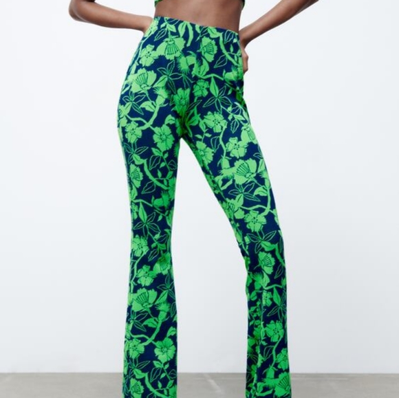 💕 Zara Green Blue Jaquard Hi waistFlare Pants Set Bloggers favourite - Picture 11 of 13